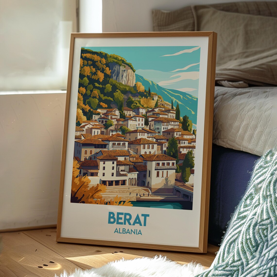 Berat Albania Historic Old Town Hillside Vintage Travel Poster - Image 3