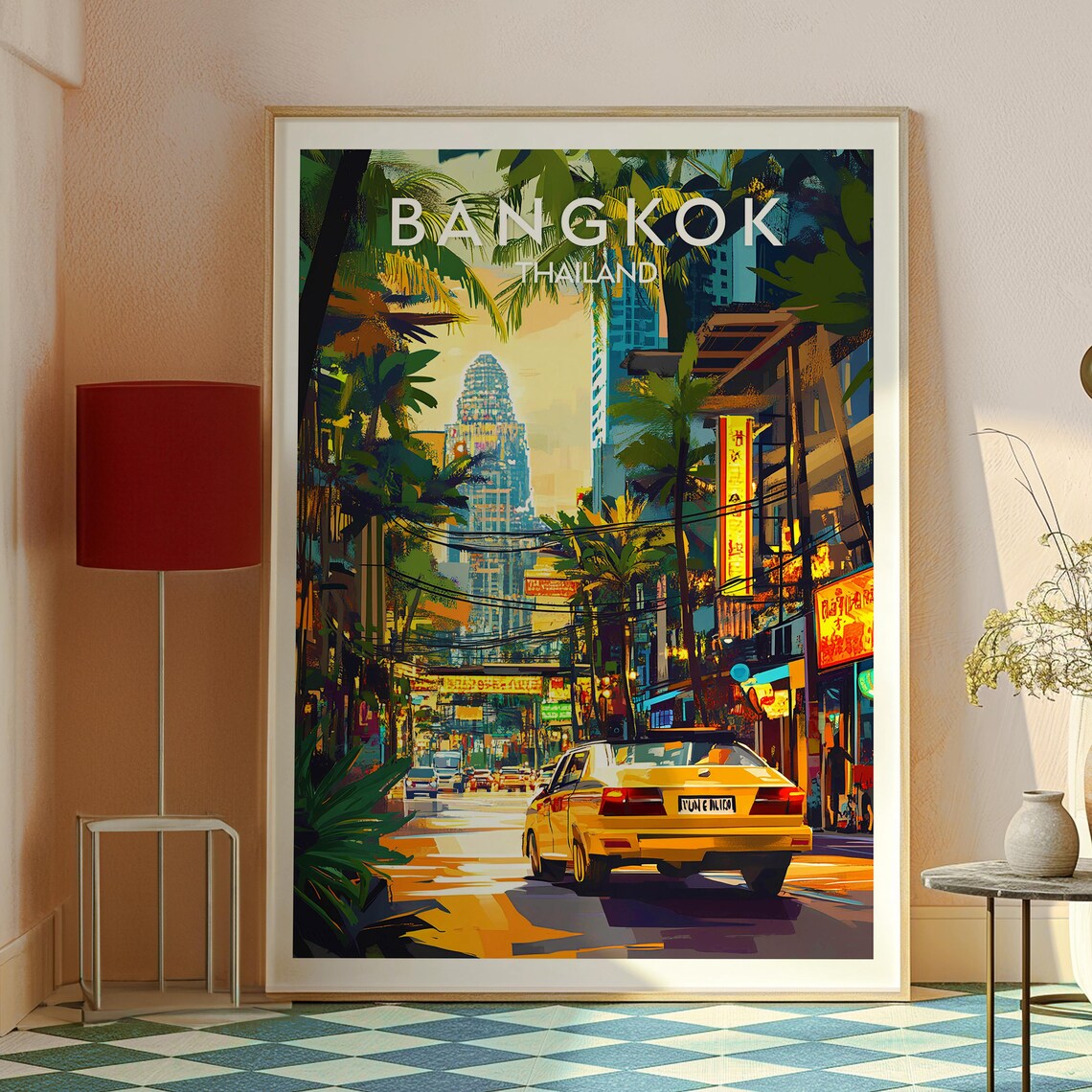 Bangkok Thailand Yellow Taxi Palm Lined Street Sunset Glow Travel Poster - Image 2