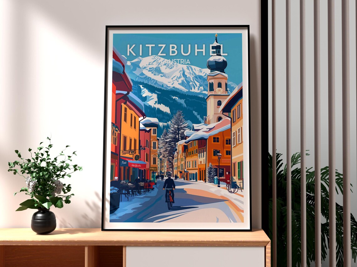Kitzbuhel Austria Snowy Alpine Street Church Tower Travel Poster