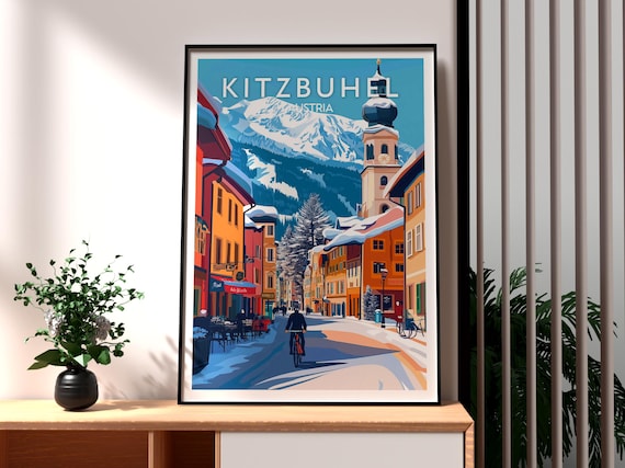 Kitzbuhel Austria Snowy Alpine Street Church Tower Travel Poster