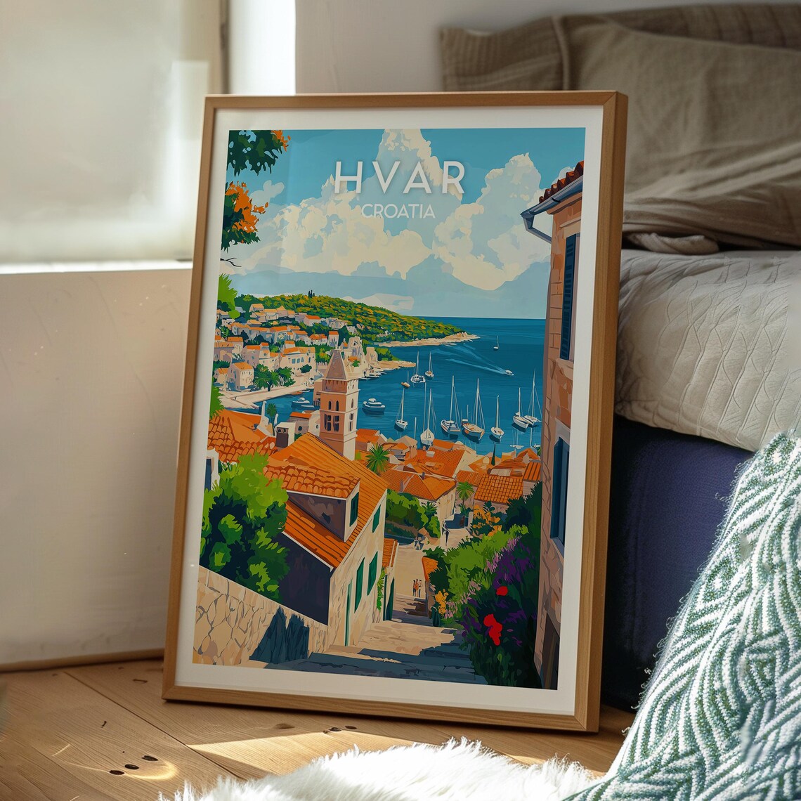 Hvar Croatia Harbor Sailboats Old Town Illustration Art Poster - Image 3