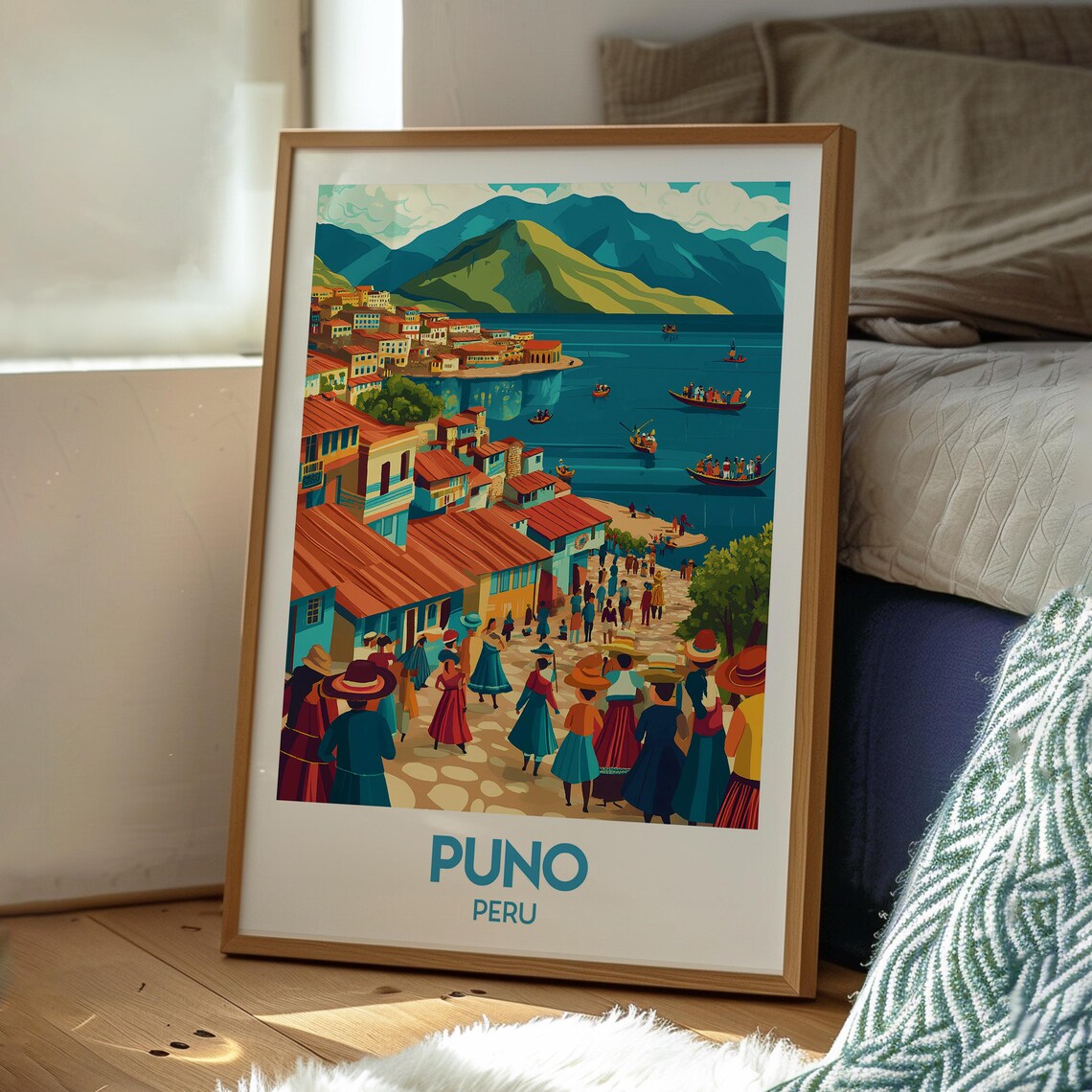 Puno Peru Lake Titicaca Boats Festival Crowd Shore Travel Poster - Image 3
