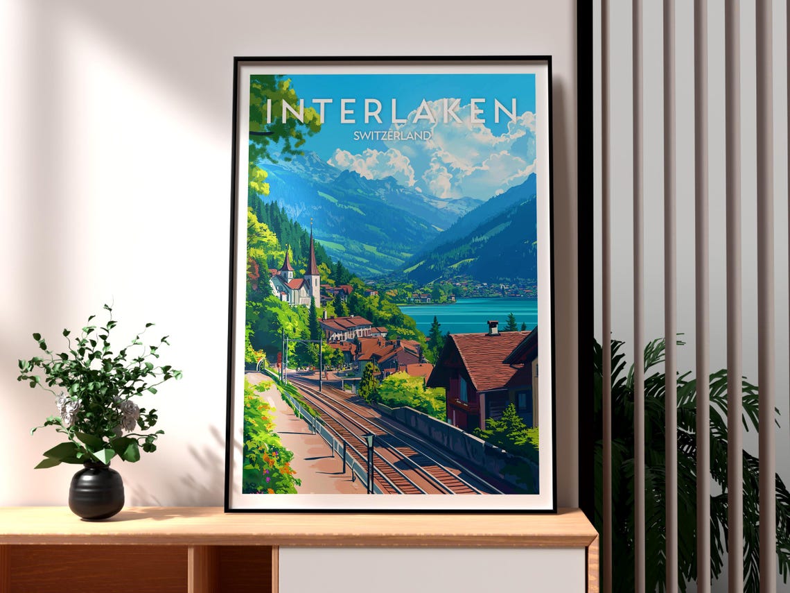 Interlaken Switzerland Scenic Railway Village Lake Alps Poster