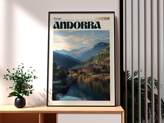 Andorra Europe Alpine Mountain Lake Town Vintage Travel Poster