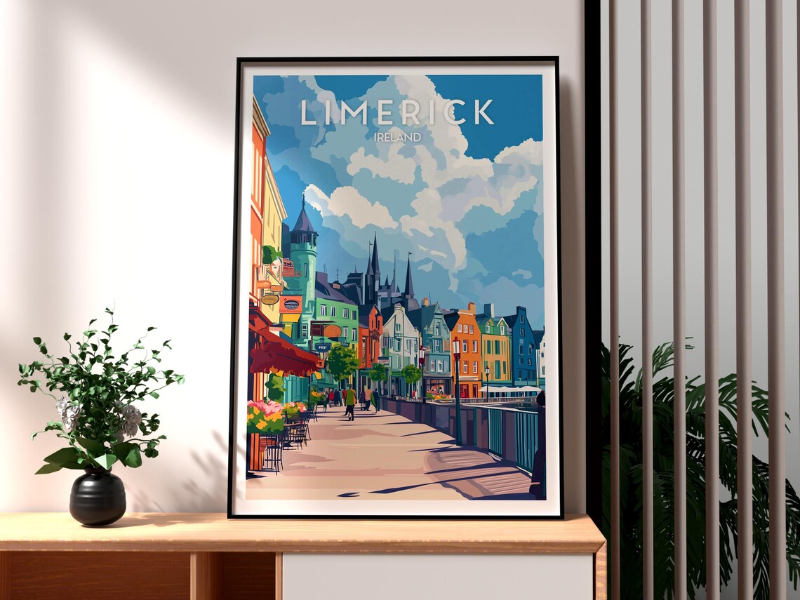Limerick Ireland Colorful Riverside Street Pubs Church Spires Poster