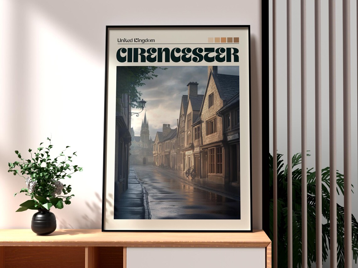 Cirencester UK Moody Cobblestone Street Cotswold Market Town Poster