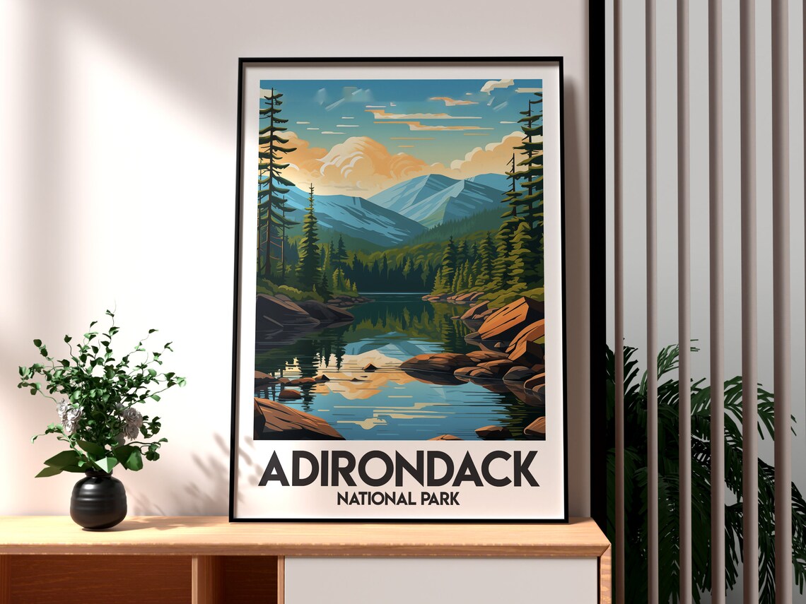 Adirondack National Park New York Pine Lake Mountain Travel Poster