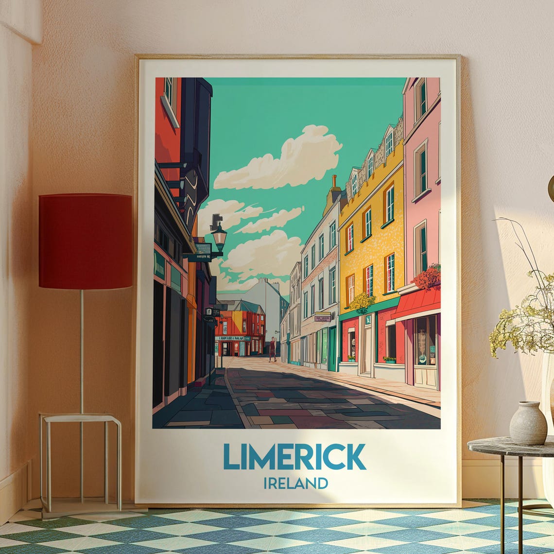Limerick Ireland Colorful Storefronts Cobblestone Street Travel Poster - Image 2