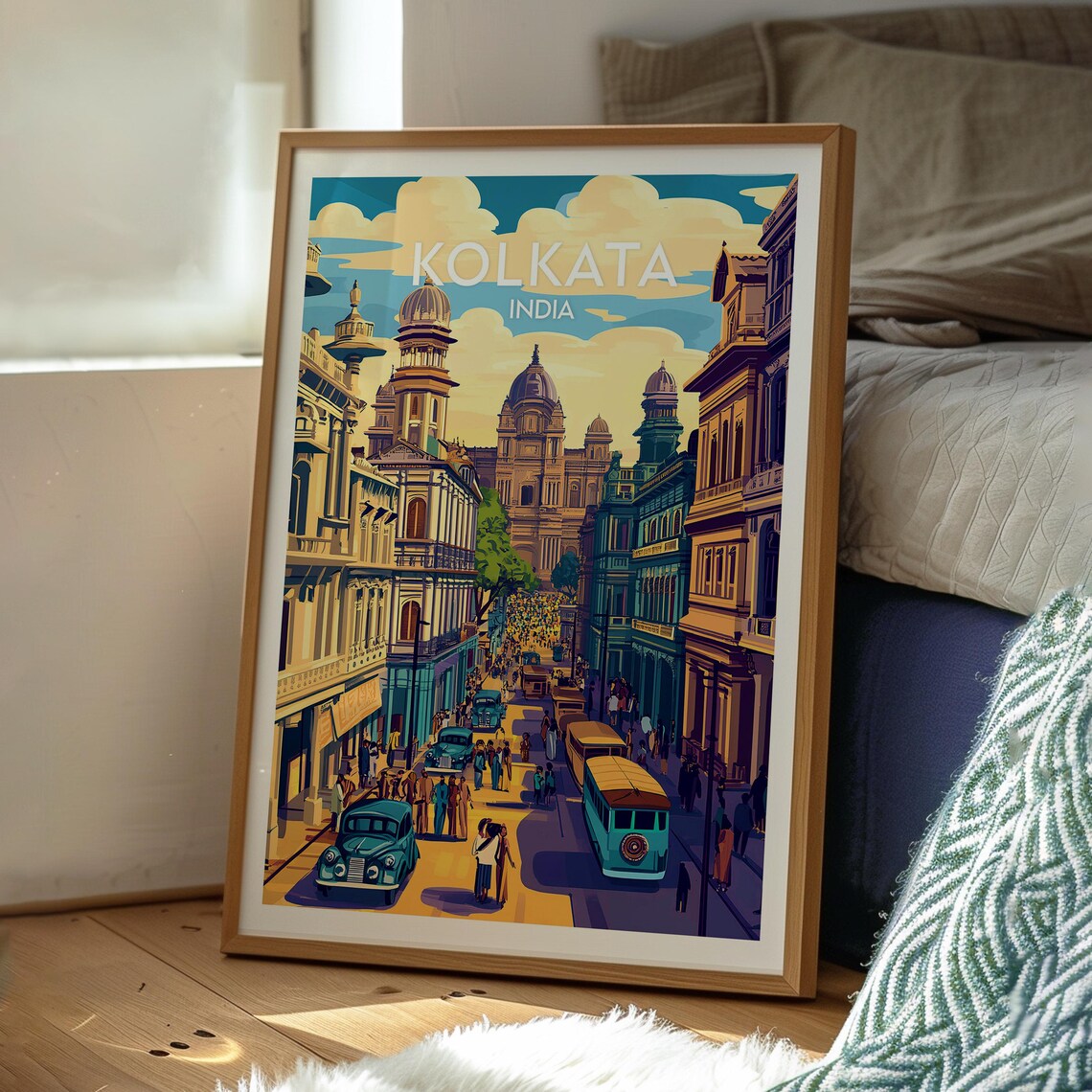 Kolkata India Busy Colonial Street Vintage Cars Travel Poster - Image 3