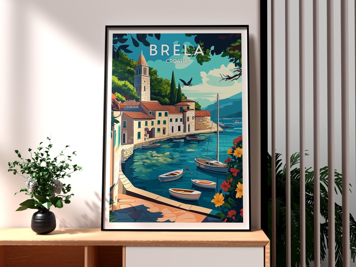 Brela Croatia Vintage Style Harbor Church Tower Travel Poster