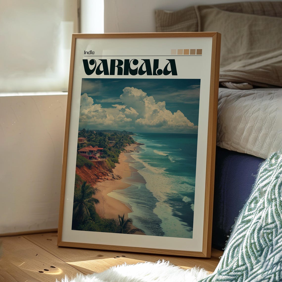 Varkala India Red Cliff Beach Palm Trees Ocean Waves Art Poster - Image 3