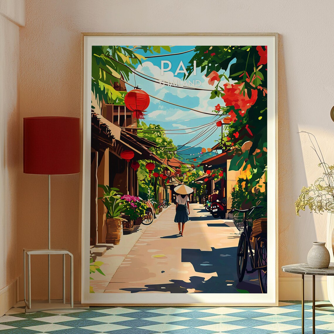 Pai Thailand Lantern Street Woman With Conical Hat Travel Poster - Image 2
