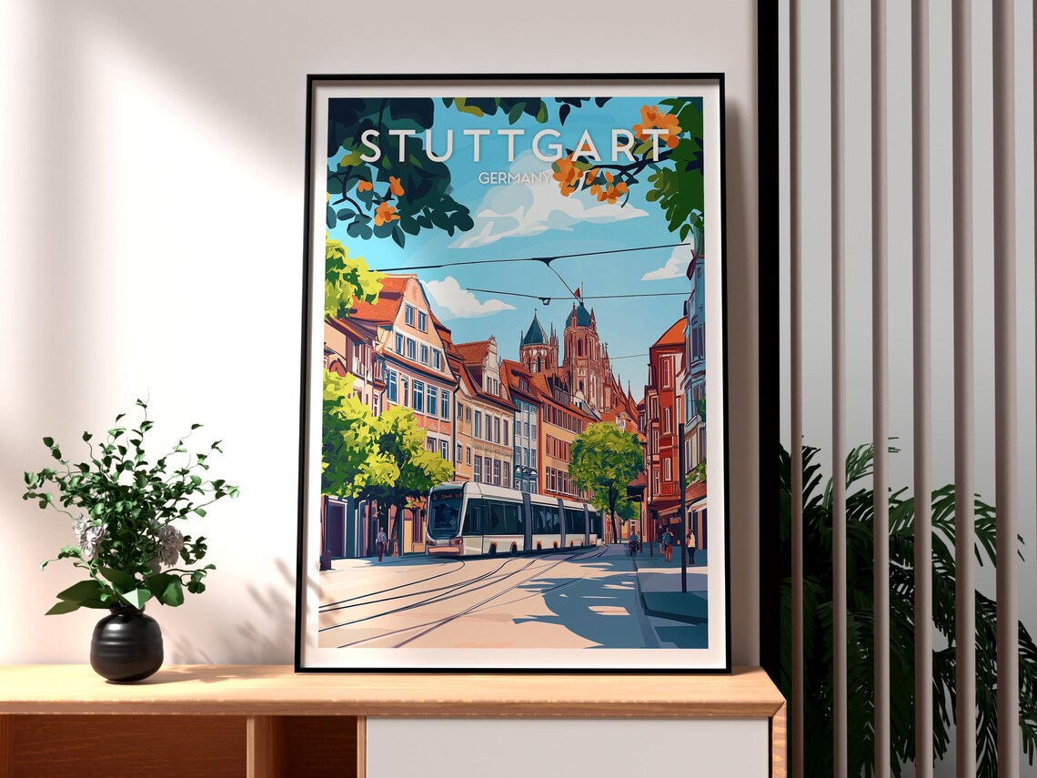 Stuttgart Germany Historic Tram Street Cathedral Towers Travel Poster