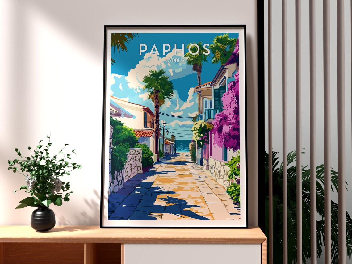 Paphos Cyprus Sunlit Street Palms Bougainvillea Sea View Travel Poster