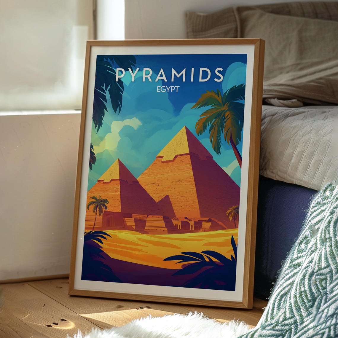Giza Pyramids Egypt Desert Palm Silhouettes Golden Sky Poster - Image 3