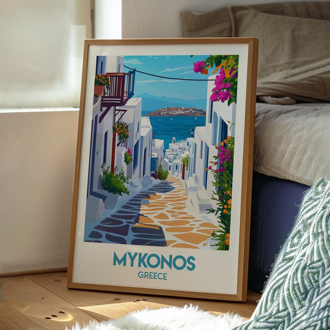 Mykonos Greece Whitewashed Alley Bougainvillea Aegean Poster - Image 3