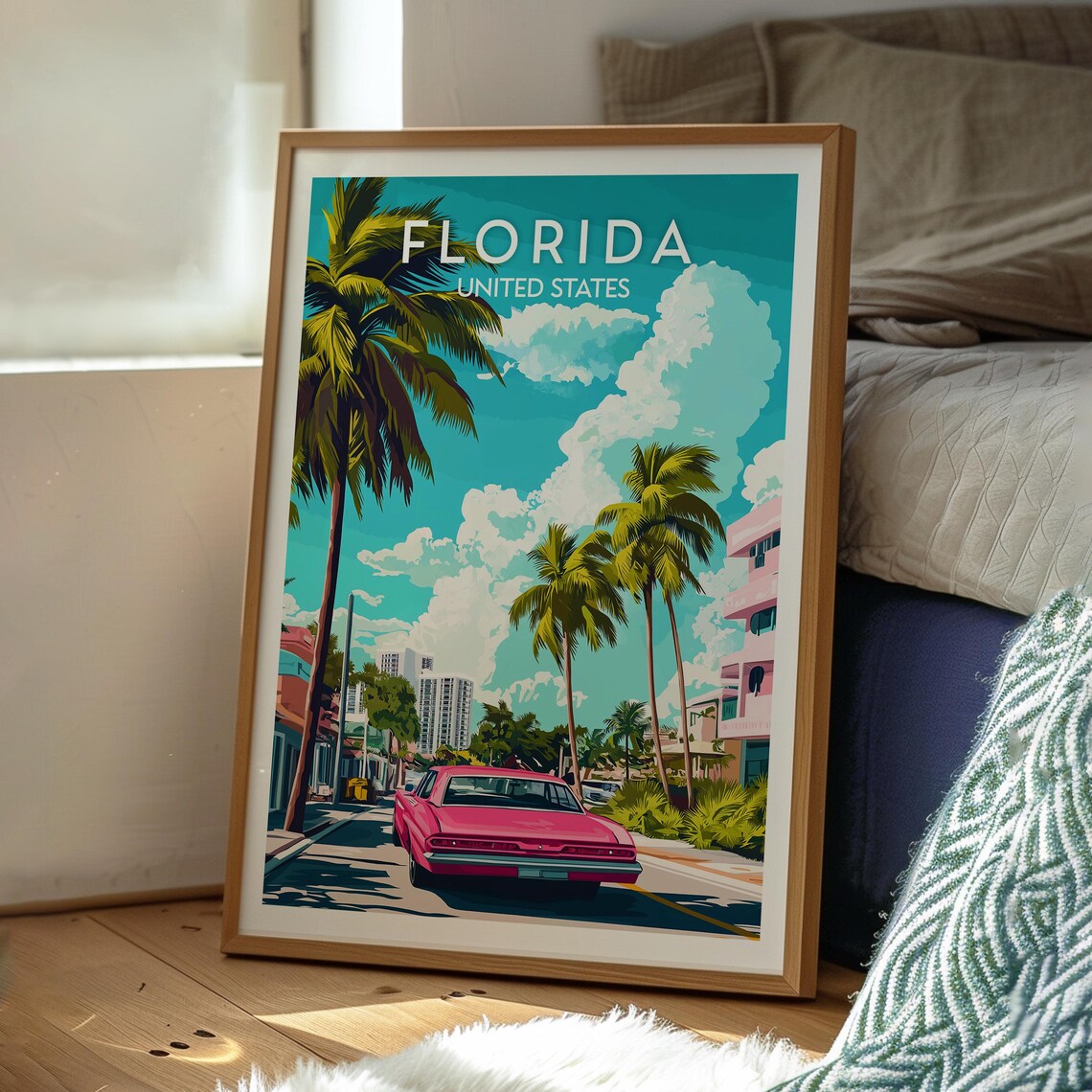 Florida Retro Palm Tree Street With Vintage Red Car Art Poster - Image 3