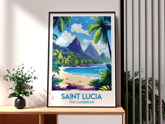 Saint Lucia Travel Poster, Caribbean Beach Art