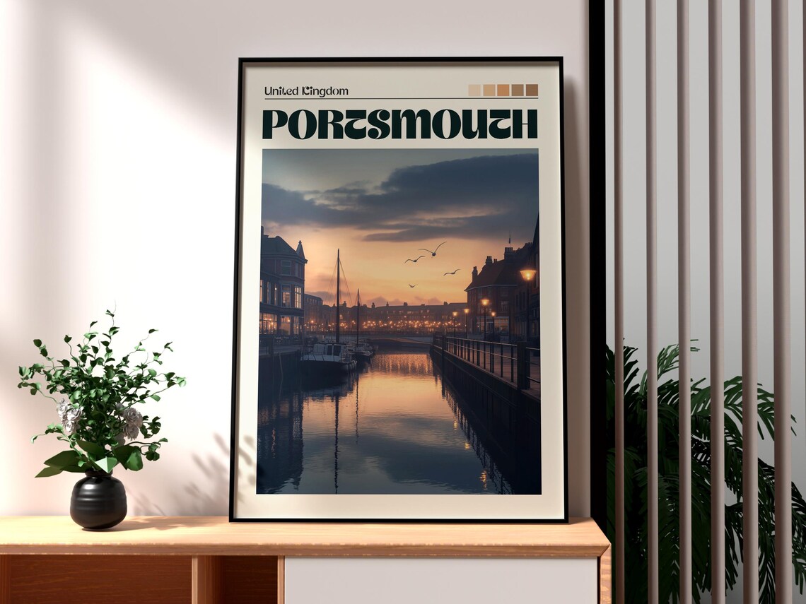 Portsmouth England Harbor Sunset Vintage Retro Travel Poster