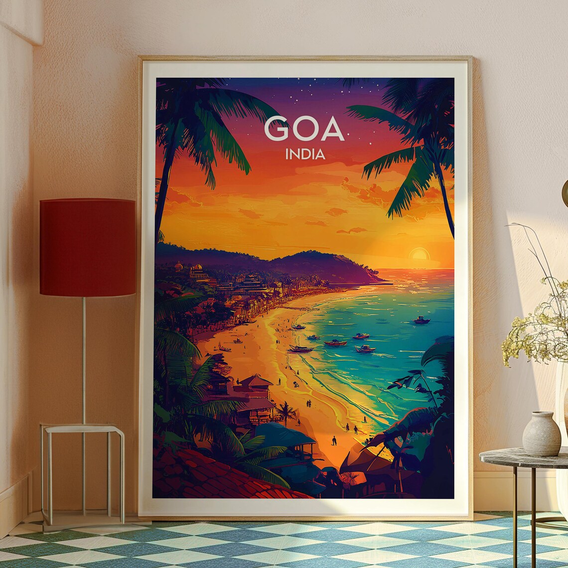 Goa India Palm Beach Sunset Boats Arabian Coast Travel Poster - Image 2