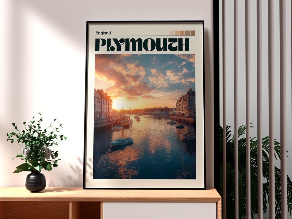 Plymouth England Historic Harbor Sunset Boats Marina Travel Poster