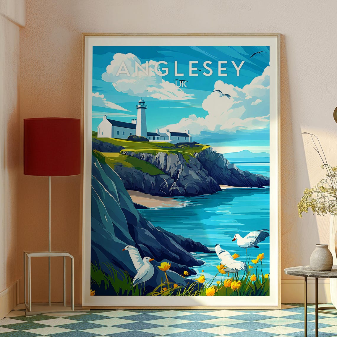 Anglesey UK Lighthouse Cliff Coast Seagulls Wales Travel Poster - Image 2