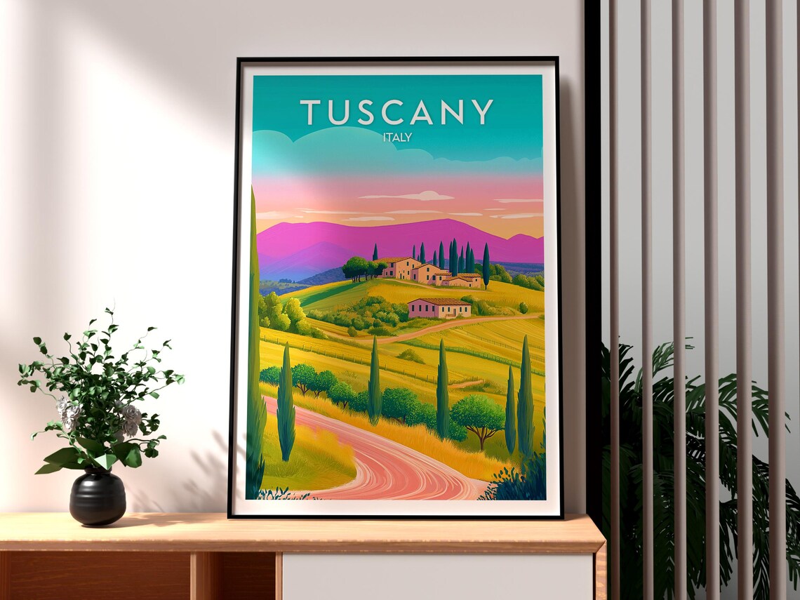 Tuscany Italy Rolling Hills Cypress Villa Sunset Travel Poster
