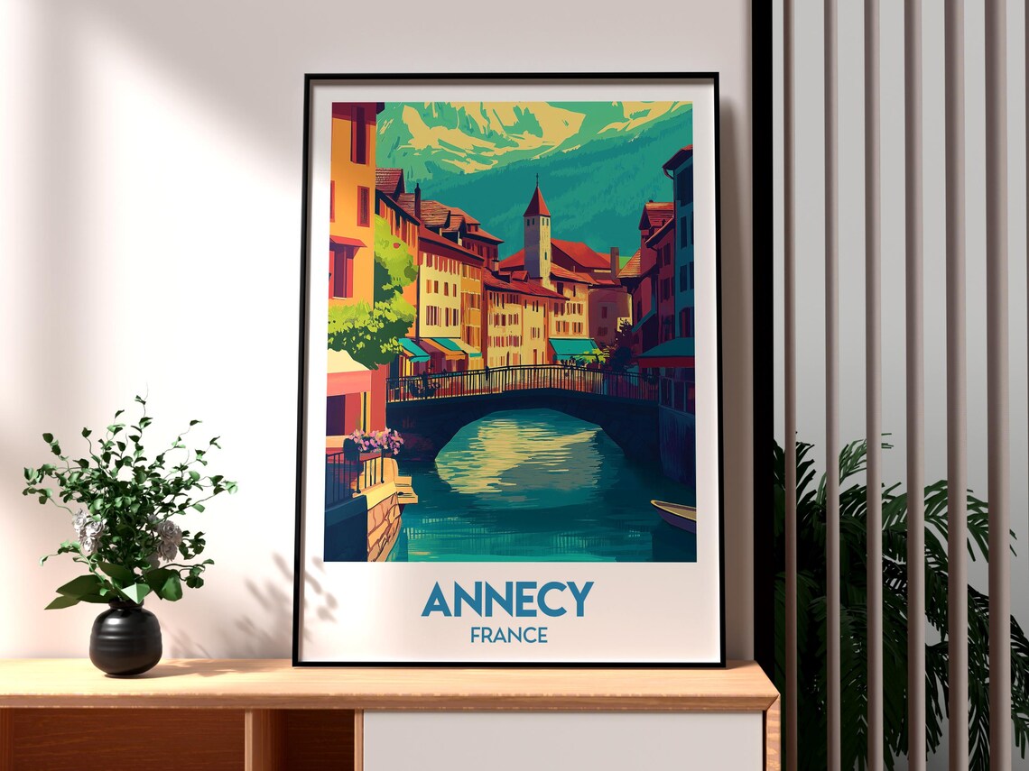 Retro Annecy France Canal Bridge Church Tower Town Travel Poster