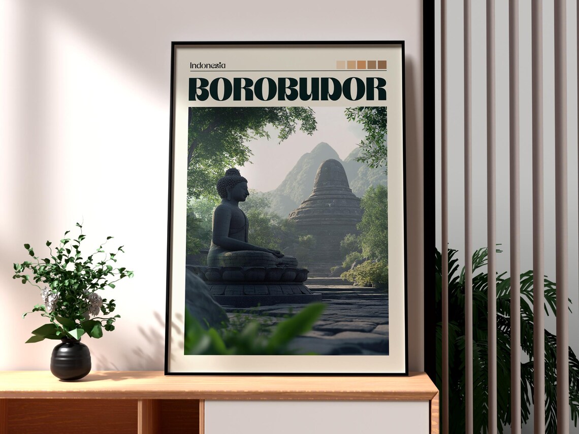 Borobudur Indonesia Temple Buddha Statue Scene Travel Art Poster