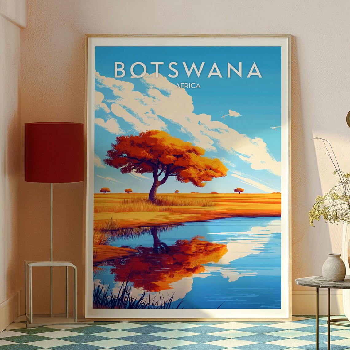 Botswana Africa Savanna Watering Hole Vintage Style Travel Poster - Image 3