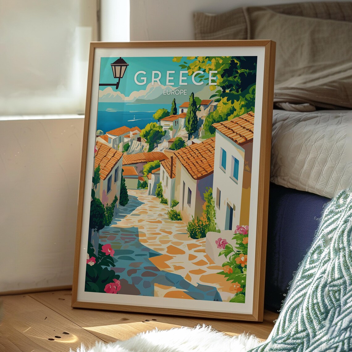 Greece Europe Hillside Village Cobbled Street Sea View Vintage Poster - Image 3