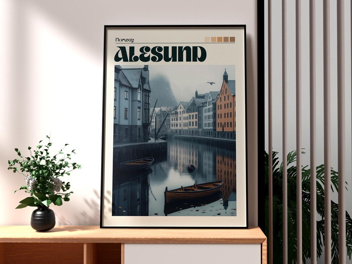 Alesund Norway Harbor Boats Art Nouveau Waterfront Retro Travel Poster