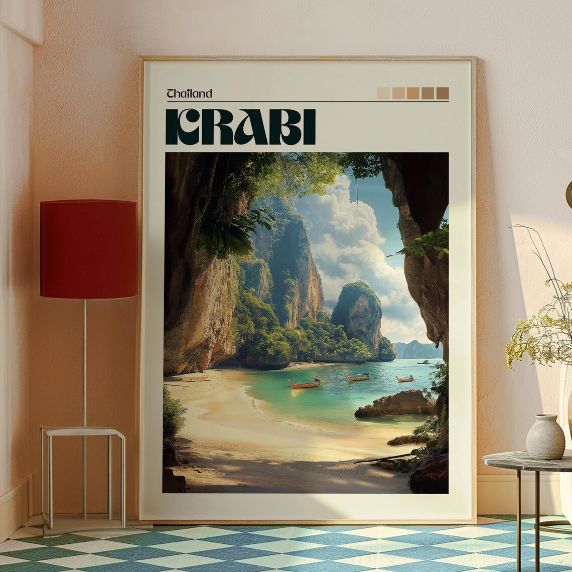 Krabi Thailand Limestone Cliffs Beach Longtail Boats Travel Poster - Image 2