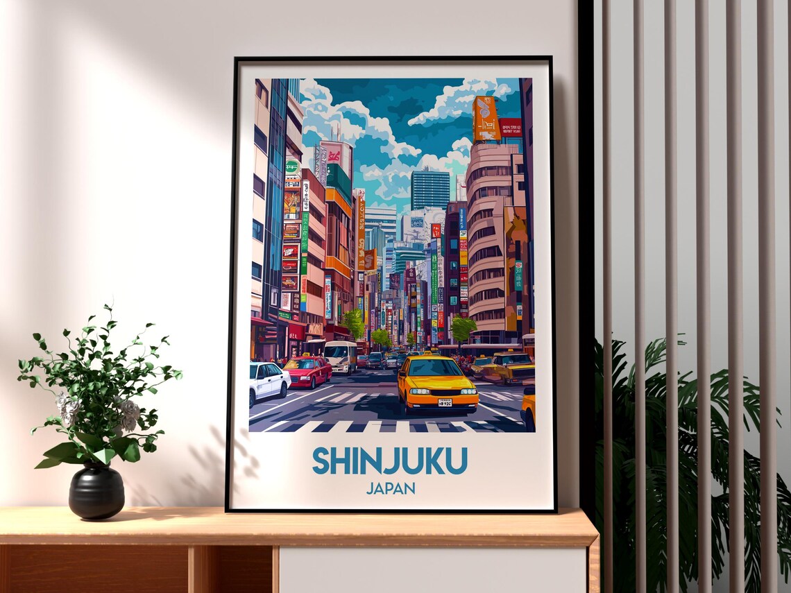 Shinjuku Japan City Yellow Taxi Street Neon Signs Travel Poster