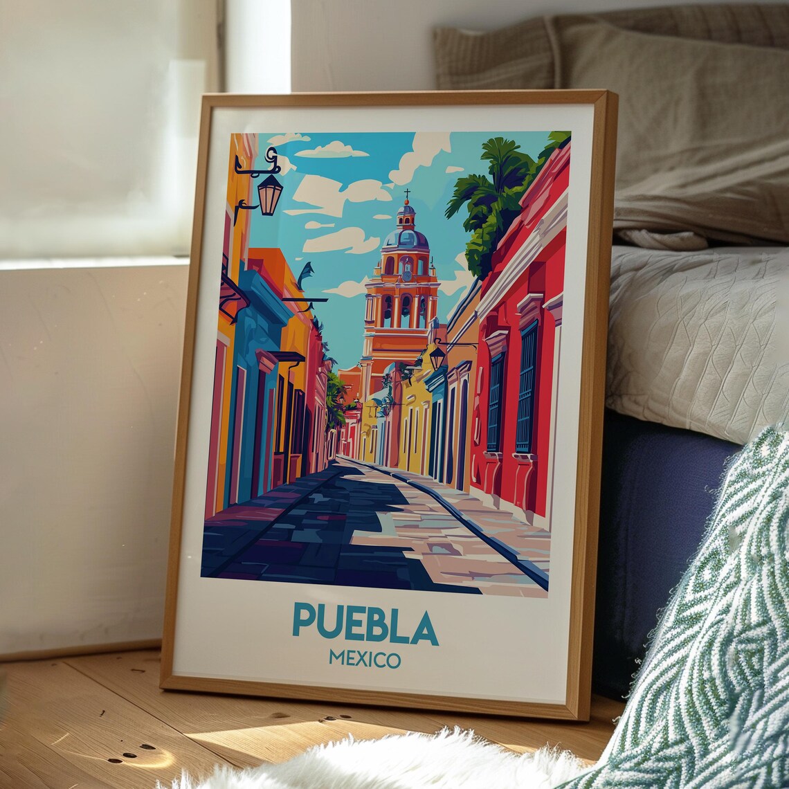 Puebla Mexico Colonial Street Cathedral Tower Colorful Art Poster - Image 3