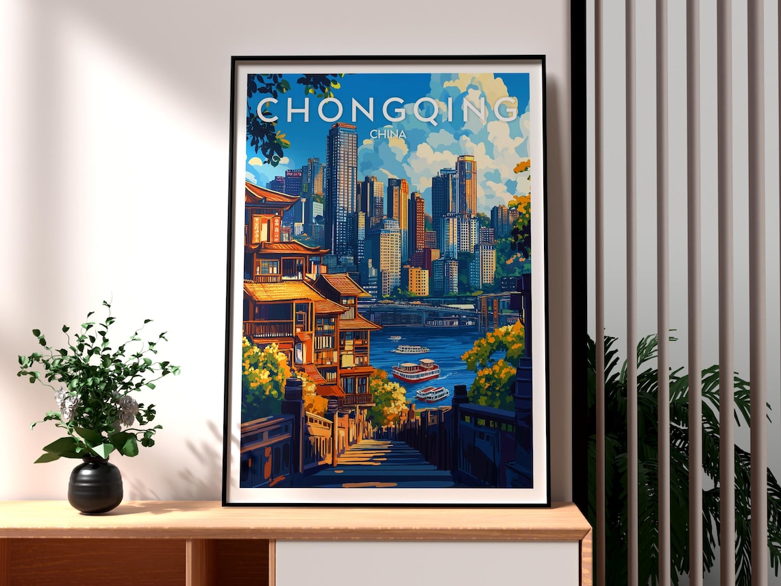 Chongqing China Riverside Skyline River Boats City Travel Poster