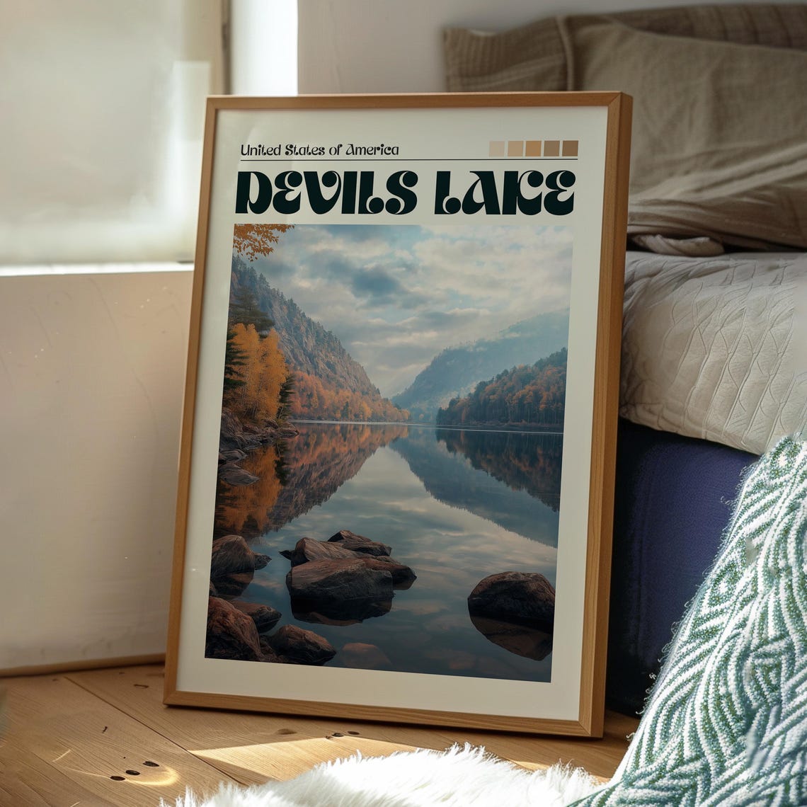 Devils Lake Wisconsin Fall Colors Mirror Reflection Travel Poster - Image 3