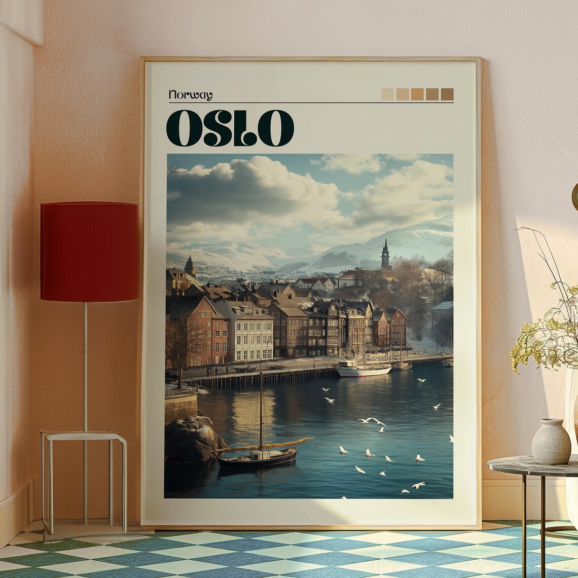 Oslo Norway Snowy Harbor Sailboat Seagulls Waterfront Travel Poster - Image 2