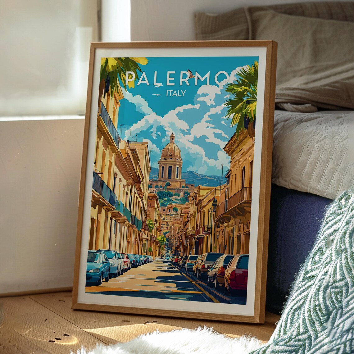 Palermo Italy Sunny Street Cathedral Dome Retro Travel Poster - Image 3