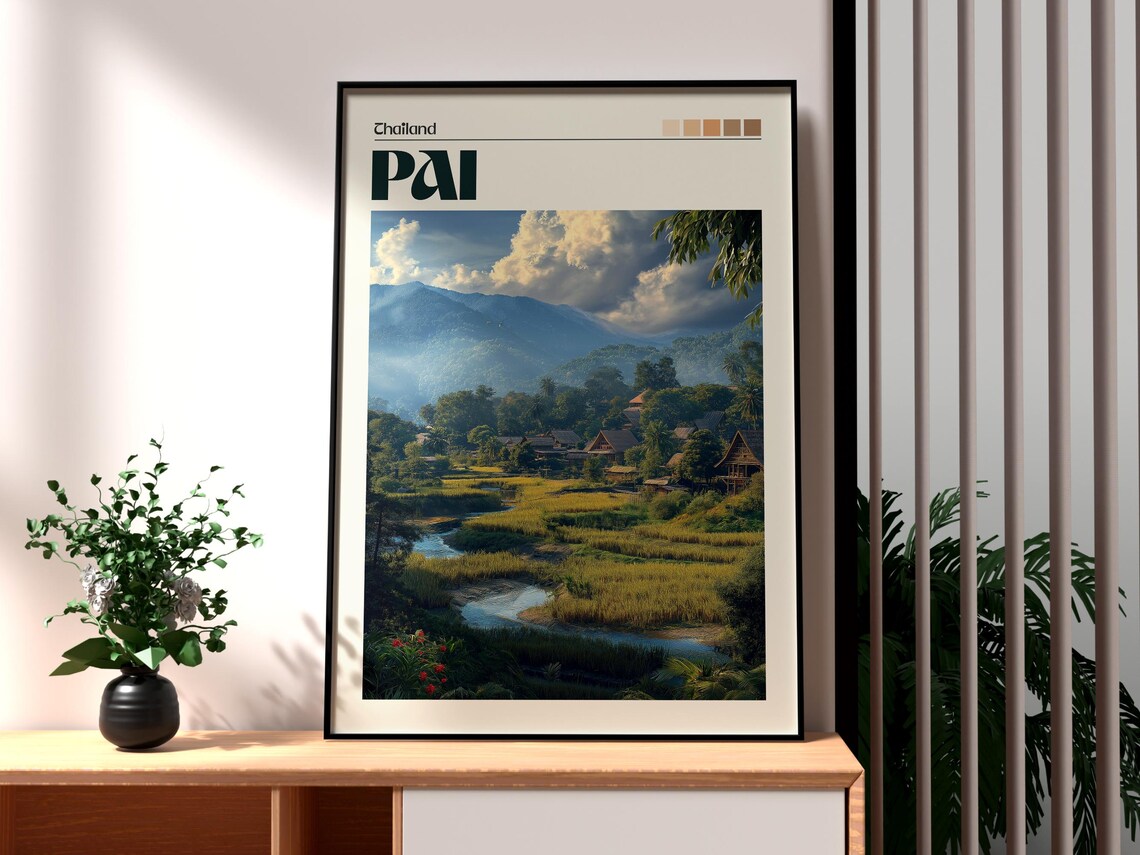 Pai Thailand Mountain Valley Rice Fields River Village Travel Poster