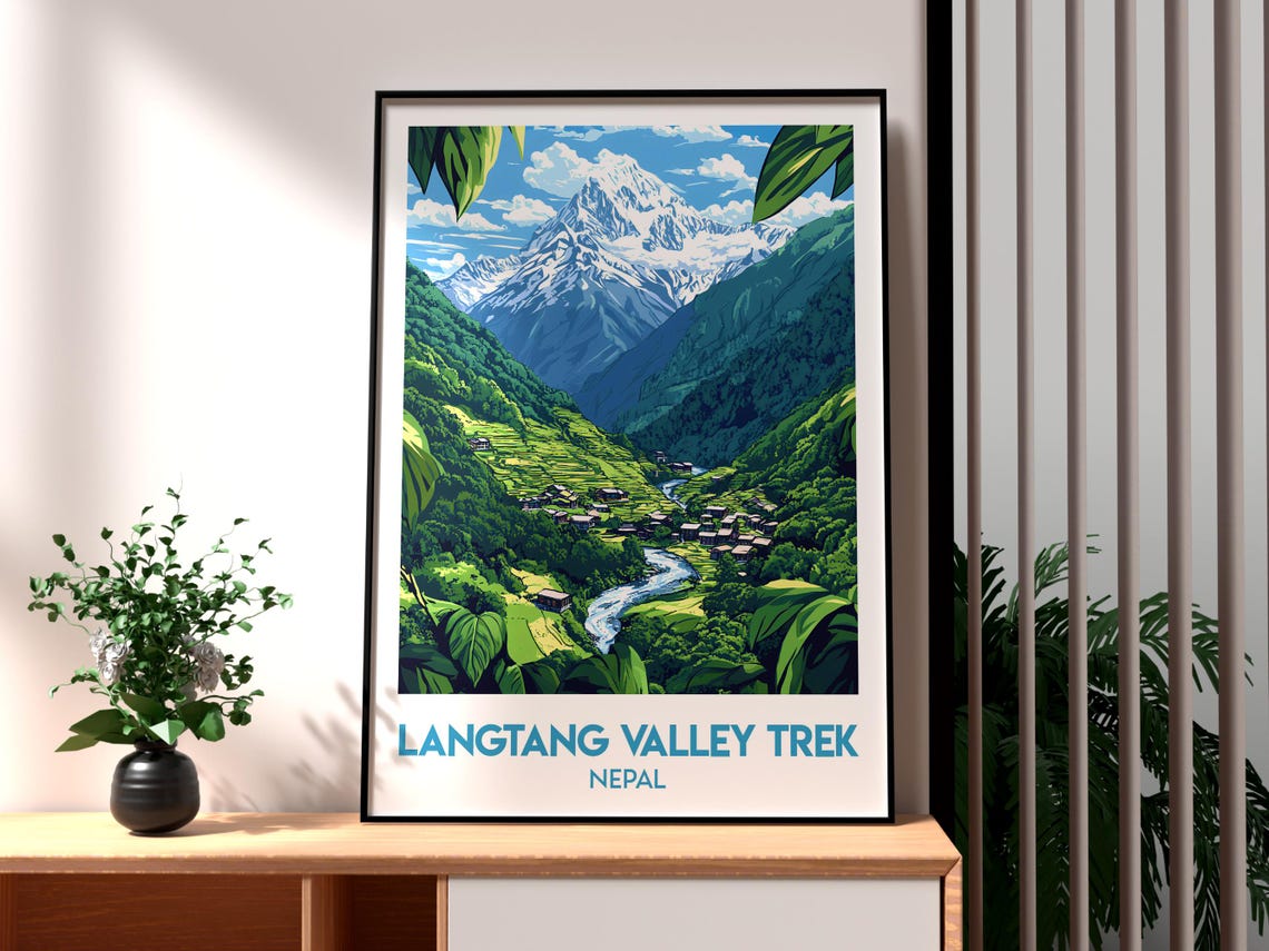 Langtang Valley Trek Nepal Himalayan Snow Peaks Vintage Travel Poster