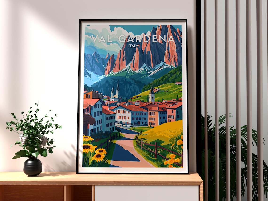 Val Gardena Italy Dolomite Red Peaks Village Sunflower Field Poster