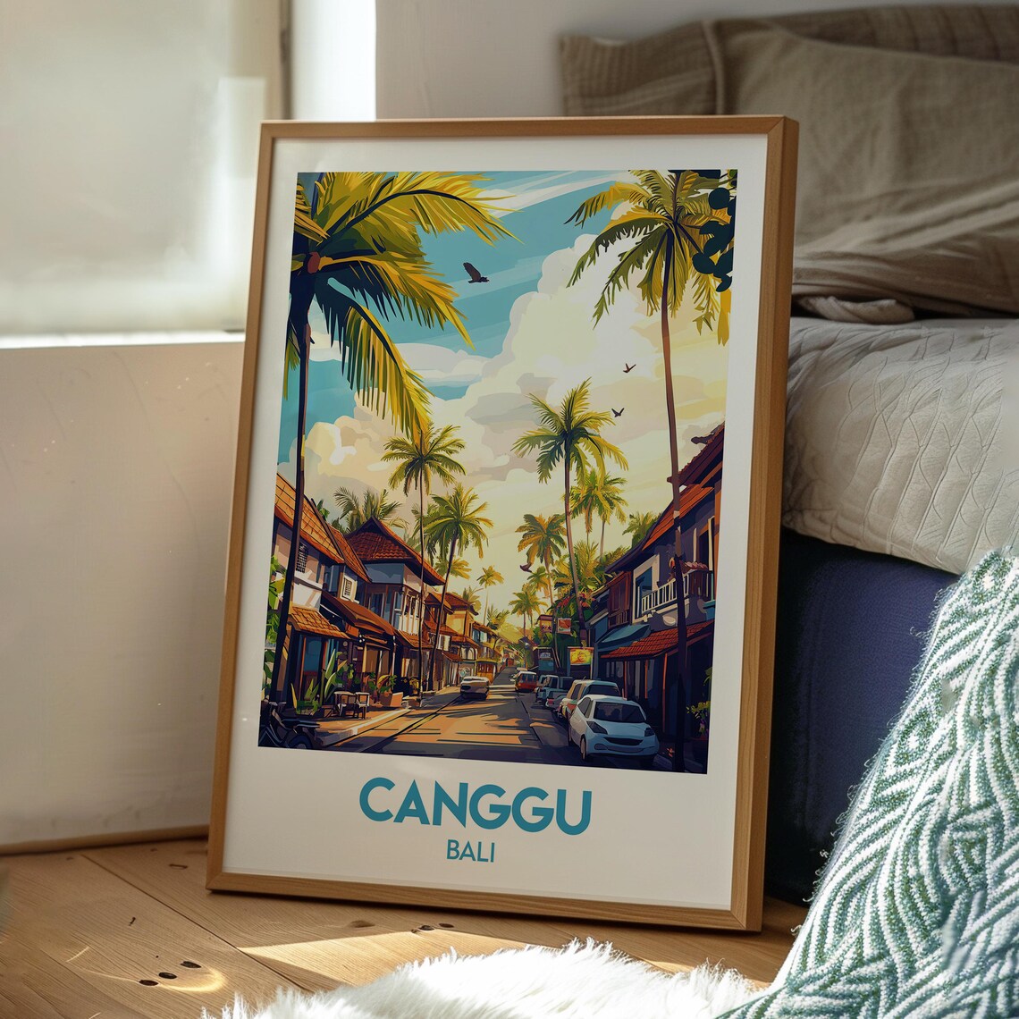 Canggu Bali Palm Lined Street Island Town Scene Sunset Travel Poster - Image 3