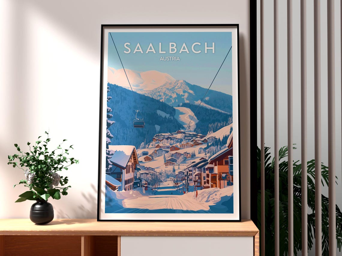 Saalbach Austria Ski Village Gondola Snowy Mountains Art Poster