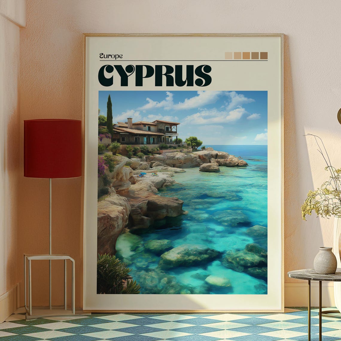 Cyprus Rocky Coast Turquoise Water Villa Seaside Travel Poster - Image 2