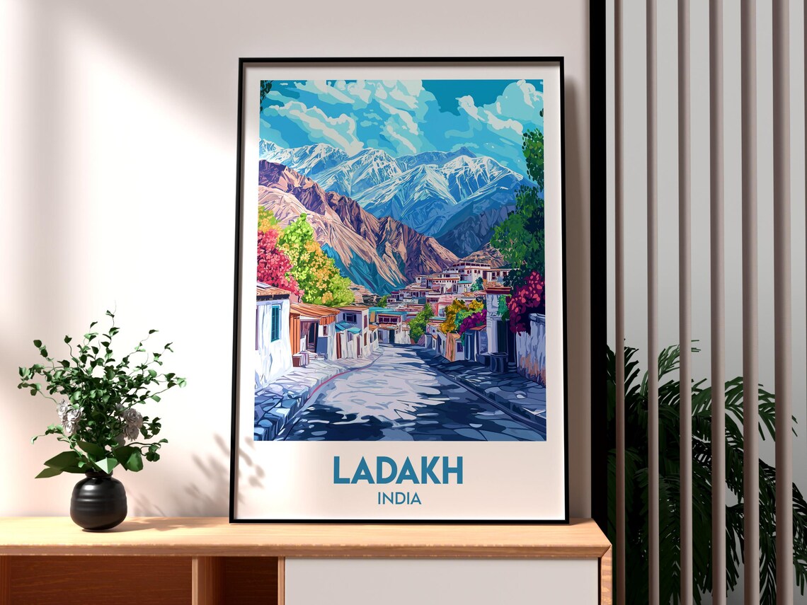 Ladakh India Retro Himalayan Mountain Village Street Travel Poster