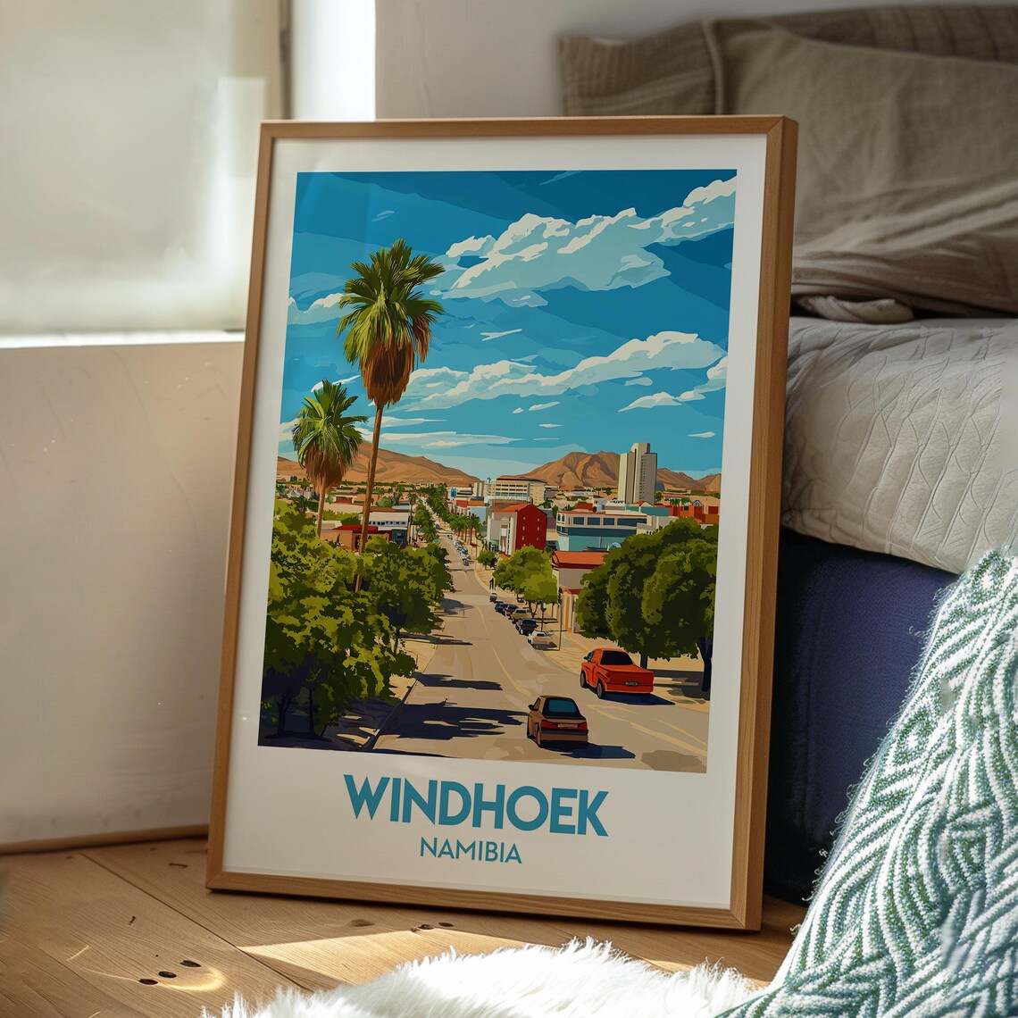 Windhoek Namibia City Street Palms Mountain Backdrop Travel Poster - Image 3