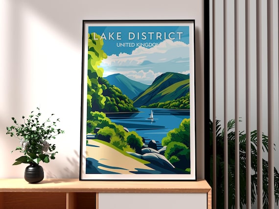 Lake District United Kingdom Sailing Boat Lake Illustrated Travel Poster