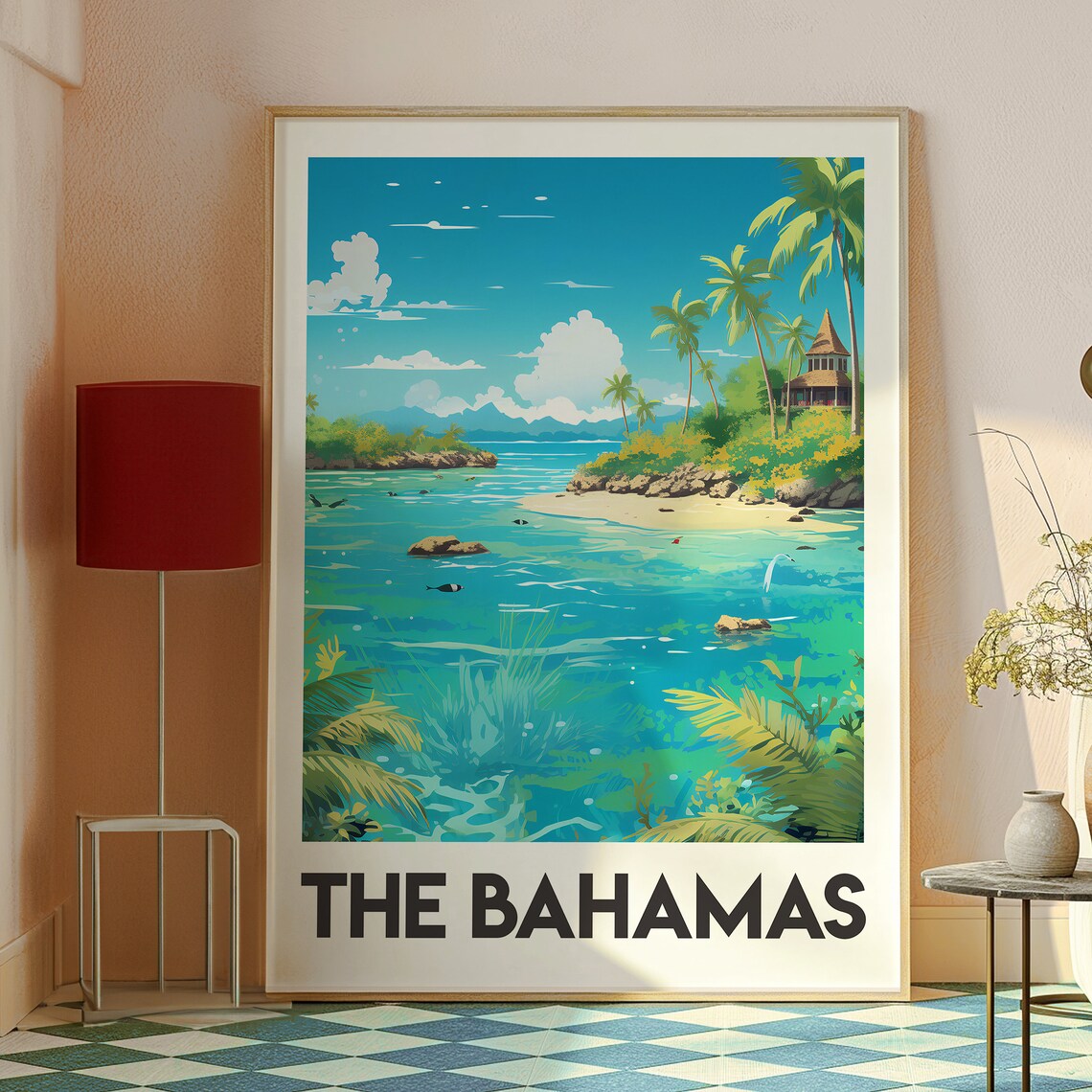 Bahamas Tropical Cove Palm Trees Beach Hut Island Travel Poster - Image 3