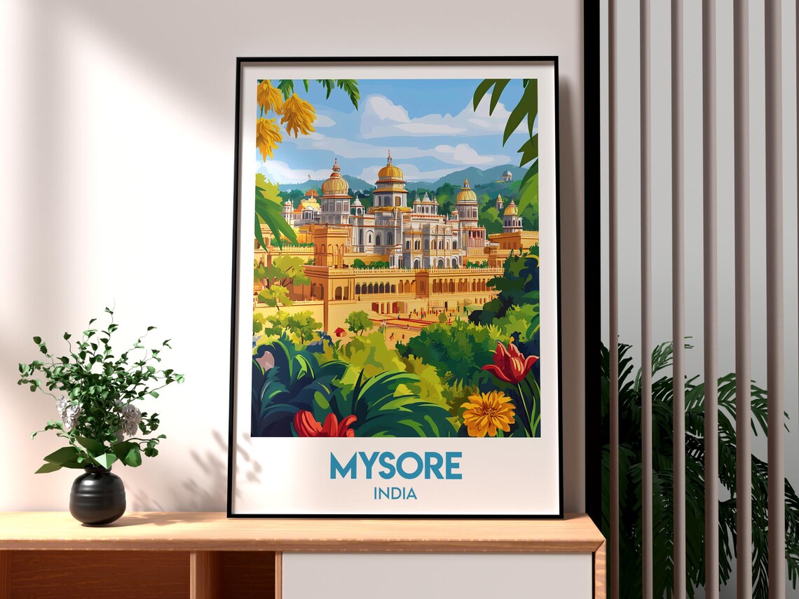 Mysore India Golden Palace Gardens Illustrated Travel Poster